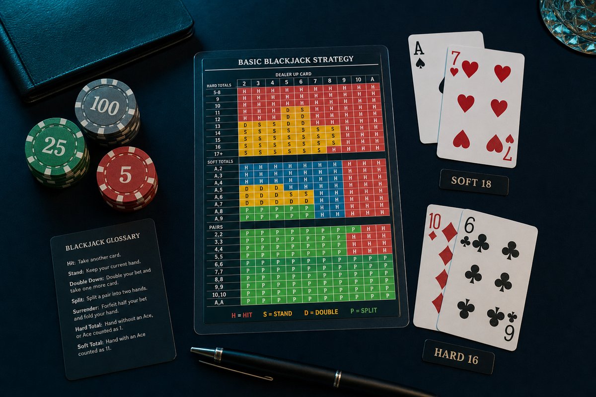 Blackjack Strategie-Karte und Begriffe am Tisch